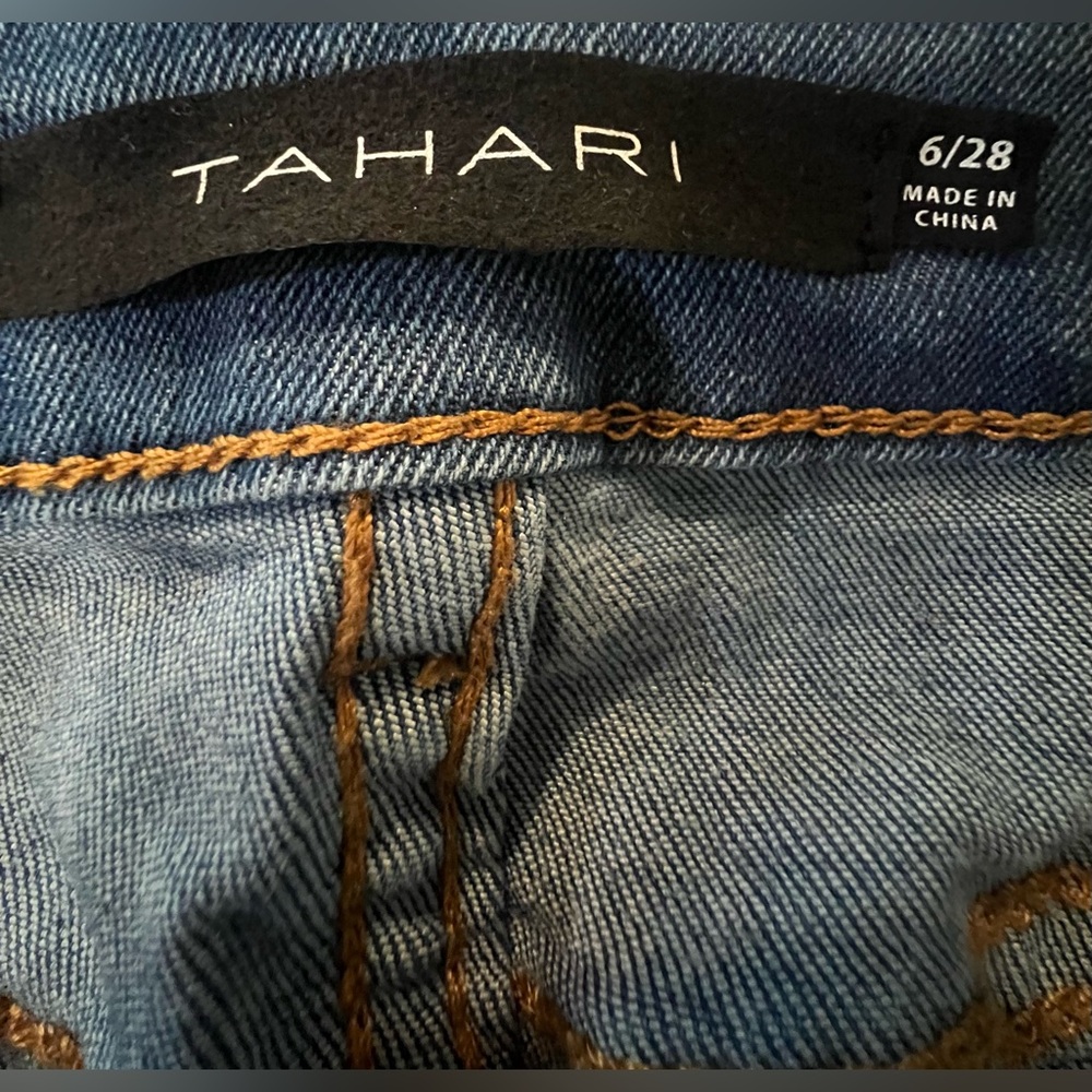 Tahari Olivia Classic Mid Rise Slim Straight Leg Jeans in Deep Blue w/ Raw Hem - Picture 7 of 10